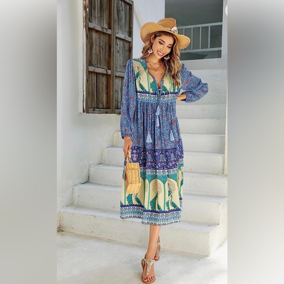 NWOT Bohemian Floral Midi Dress with V Neck and double tie tassel front - Picture 1 of 6